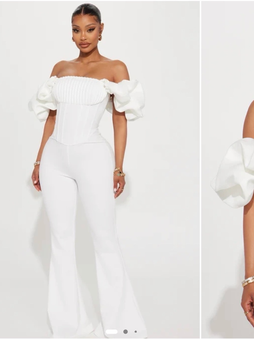 Fashion Nova White Off-Shoulder Corset Jumpsuit with Puff Sleeves
